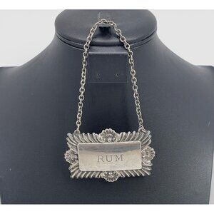 Vintage English Silver-Plated RUM Decanter Label Bottle Ticket Ornate w Chain